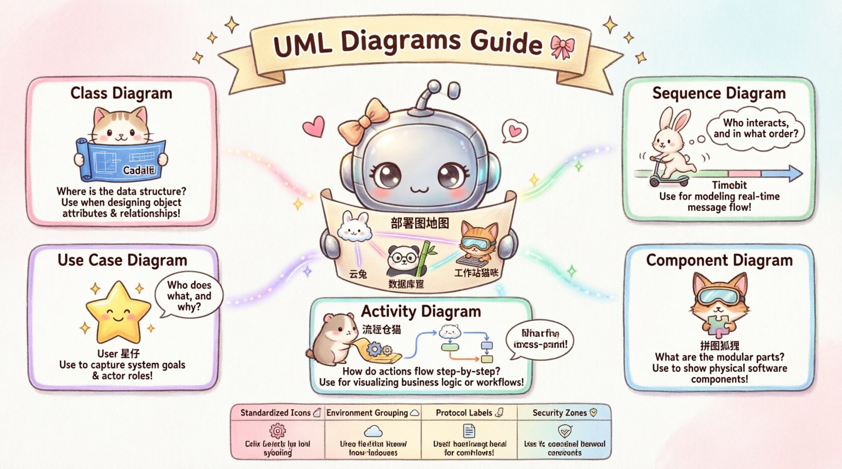 Kawaii-style infographic comparing UML deployment diagrams with class, sequence, use case, component, and activity diagrams, showing when to use each diagram type for software architecture planning, featuring cute pastel illustrations of server robots, cloud bunnies, and code characters with decision matrix and best practices tips