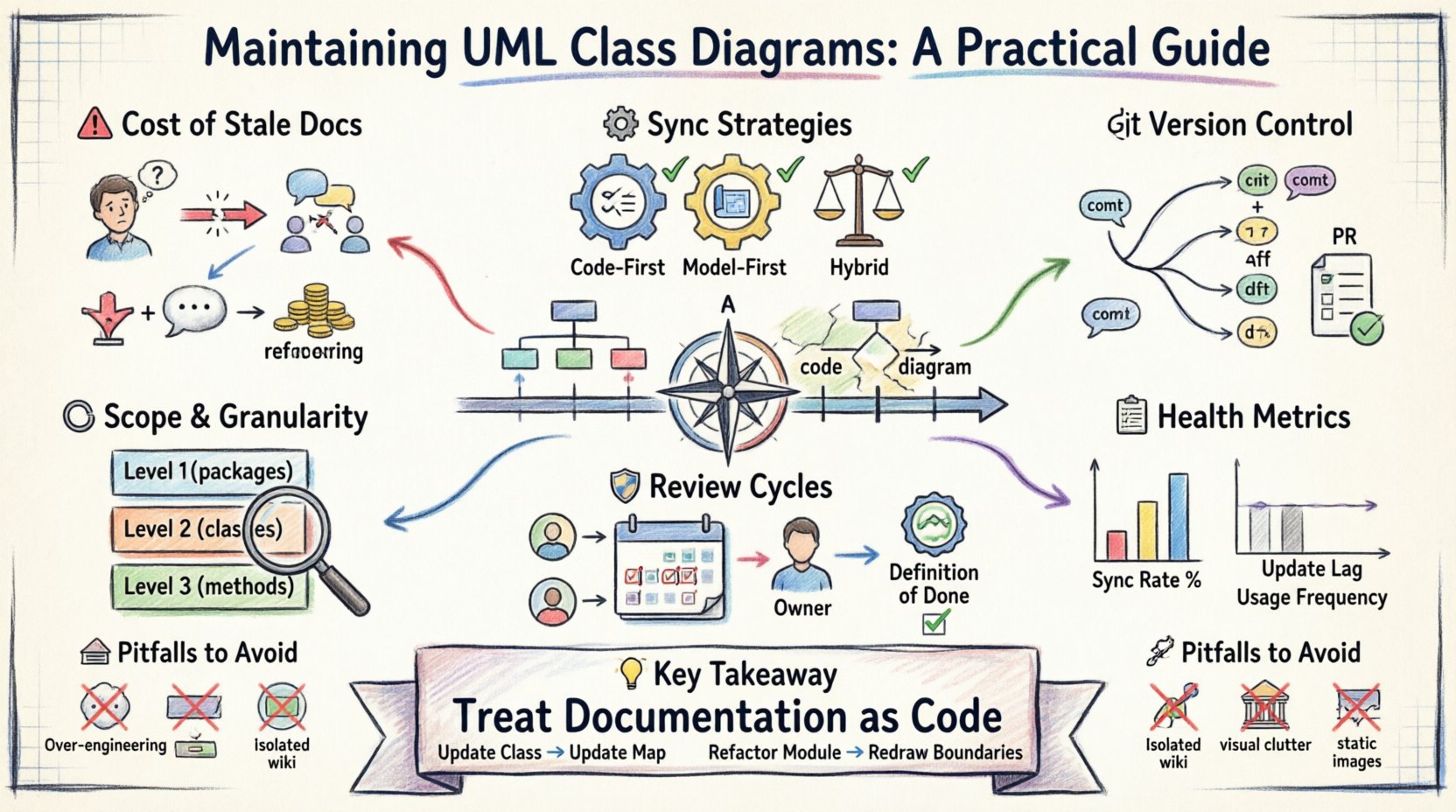 Marker-style 16:9 infographic illustrating practical strategies for maintaining UML class diagrams over time: visualizes costs of stale documentation, three synchronization approaches (Code-First, Model-First, Hybrid), version control workflows, scope granularity levels, team review cycles, diagram health metrics, and common pitfalls to avoid, with a central timeline showing code and diagrams evolving together in sync