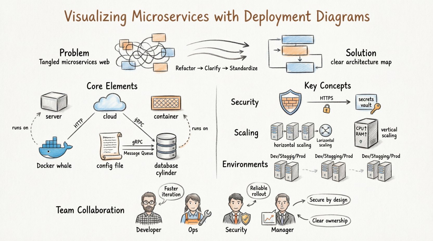 Hand-drawn infographic explaining microservices deployment diagrams: visualizes core components (nodes, artifacts, communication paths), security patterns, horizontal vs vertical scaling, CI/CD environment mapping, and cross-team collaboration benefits for simplifying complex distributed system architecture