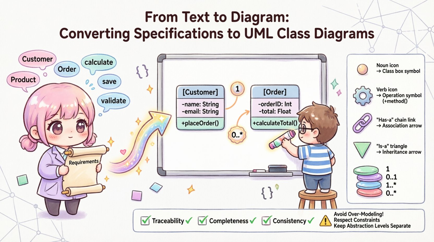 Chibi-style infographic illustrating the process of converting text specifications to UML class diagrams, featuring cute characters analyzing requirements, mapping nouns to classes and verbs to operations, with visual examples of class relationships, multiplicity indicators, and validation checkpoints in a 16:9 layout