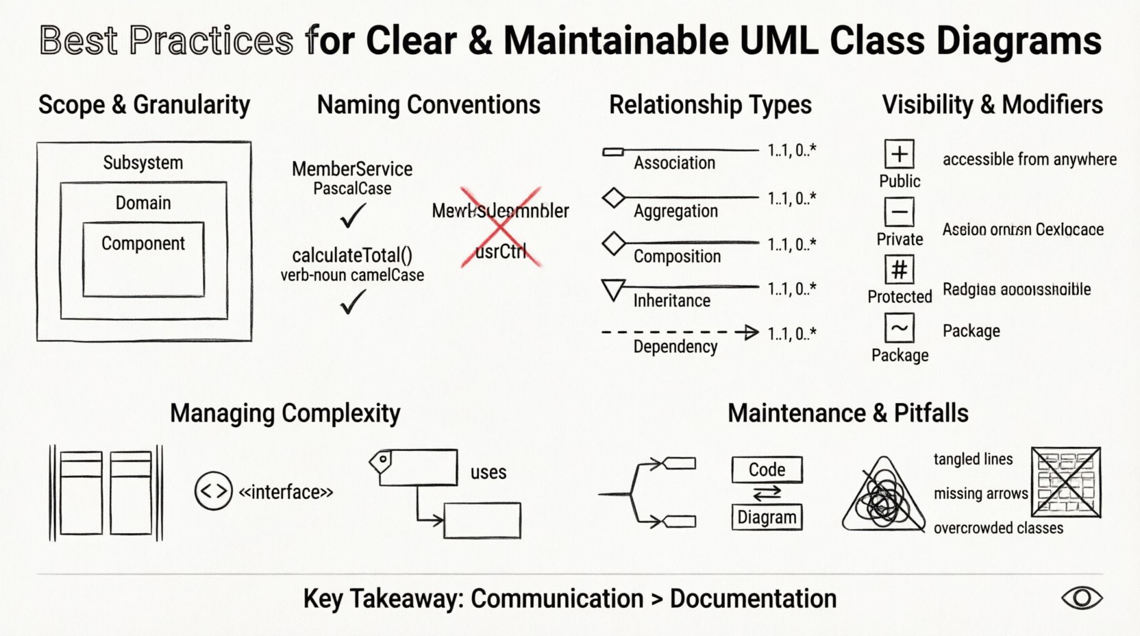 Line art infographic illustrating best practices for creating clear and maintainable UML class diagrams: scope granularity levels (subsystem/domain/component), naming conventions (PascalCase, verb-noun methods), five relationship types with symbols (association, aggregation, composition, inheritance, dependency), visibility modifiers (+/-/#/~), complexity management techniques (partitioning, interfaces, packages), and maintenance strategies with common pitfalls to avoid, all in minimalist black-and-white technical illustration style