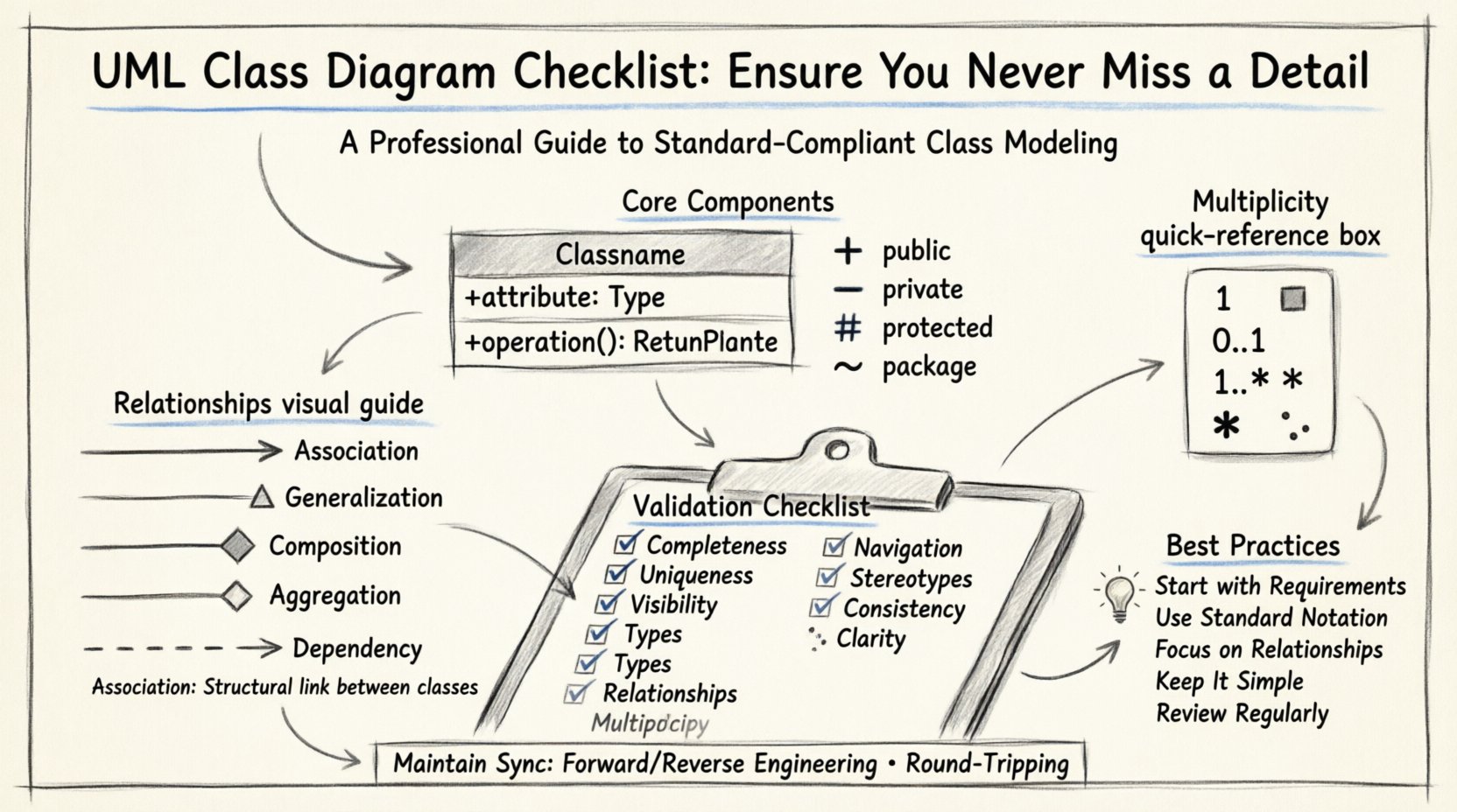 Hand-drawn sketch infographic of UML Class Diagram checklist showing core components, relationship types, multiplicity notations, naming conventions, validation checklist, and best practices for object-oriented software design documentation