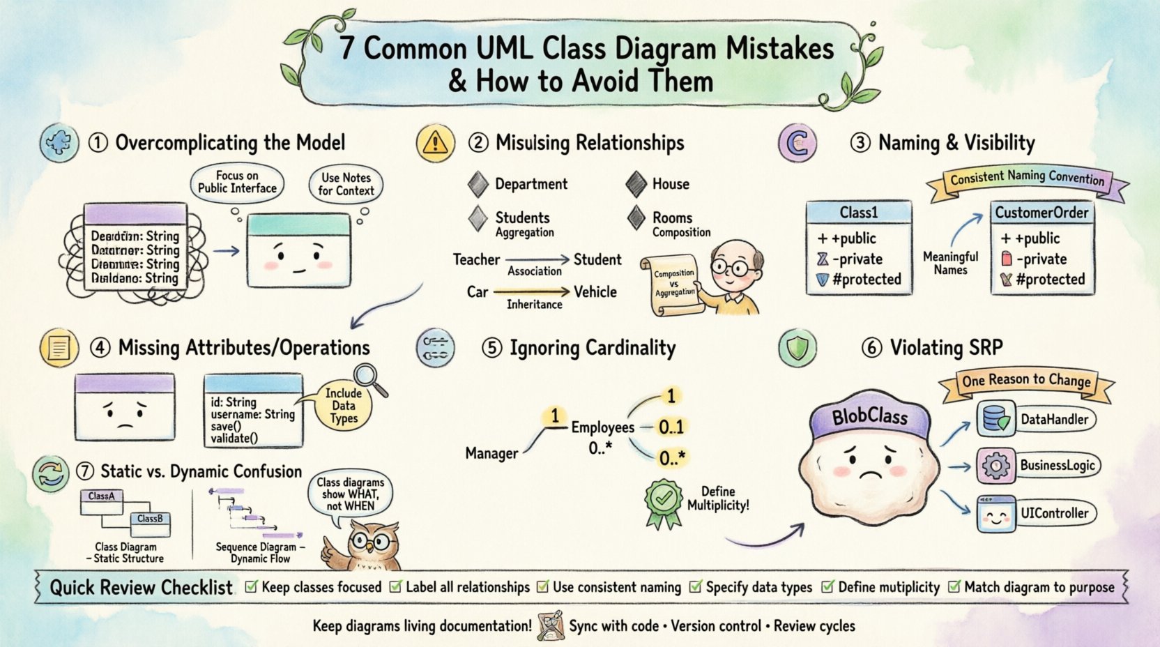 Whimsical infographic illustrating seven common UML class diagram mistakes: overcomplicating models, misusing relationships (association/aggregation/composition), poor naming conventions, missing attributes, ignoring cardinality, violating single responsibility principle, and confusing static/dynamic contexts; includes visual examples, UML notation guide with visibility symbols (+/-/#), multiplicity labels, and a quality assurance checklist for software architects and developers