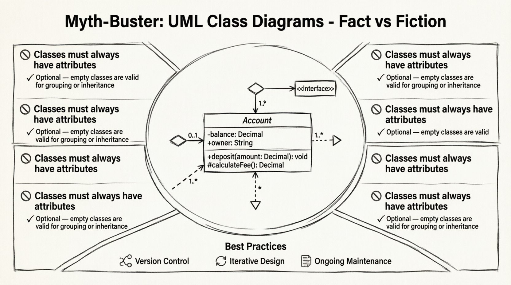 Line art infographic debunking 8 common myths about UML Class Diagrams: showing diagrams are communication tools not just code skeletons, support iterative design over big upfront design, use precise relationship types (association, aggregation, composition), require explicit multiplicity notation, benefit projects of all sizes, need human thinking beyond automated tools, rely on intentional visibility modifiers, and require ongoing maintenance. Includes visual reference for UML notation symbols and best practices for maintaining accurate architectural documentation.