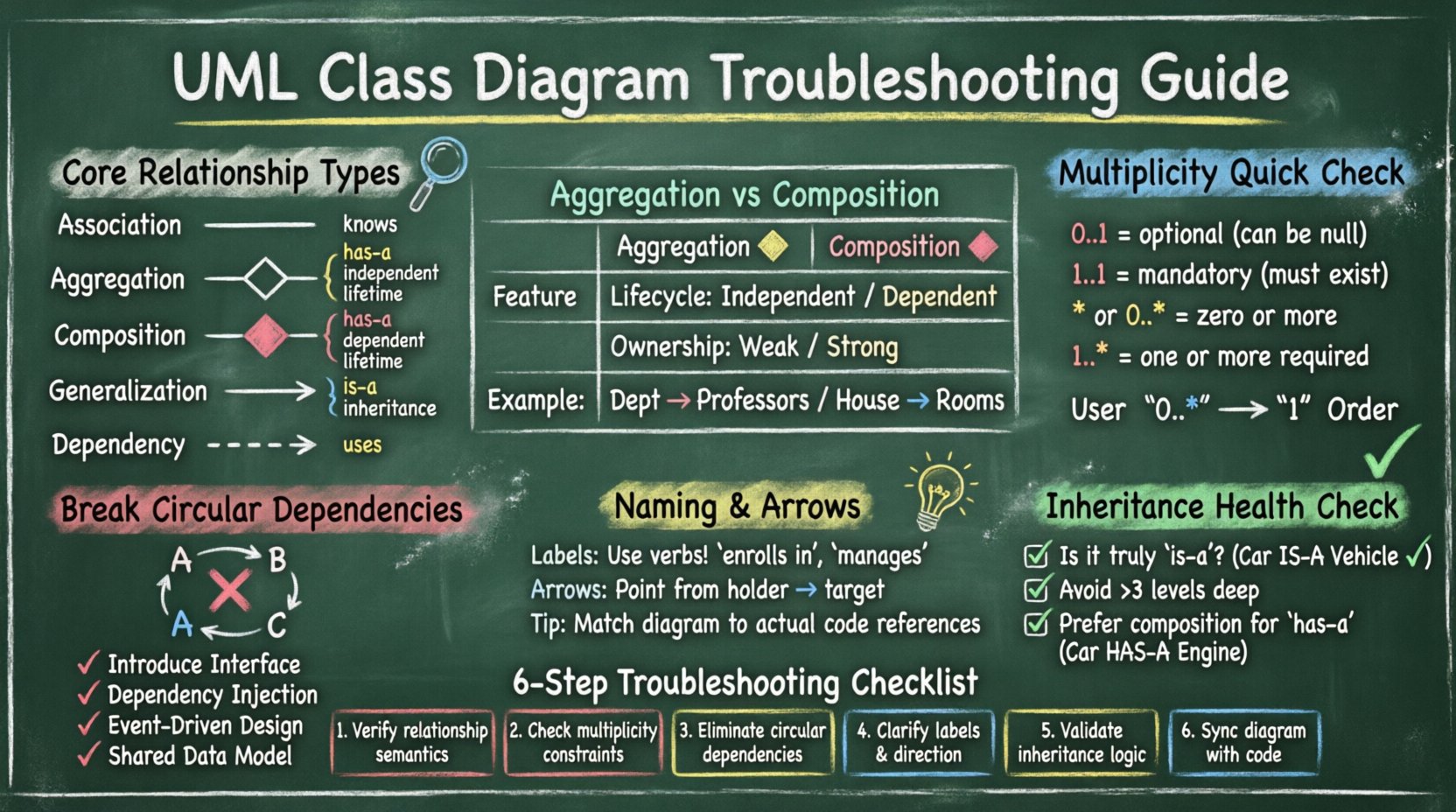 Chalkboard-style infographic showing UML class diagram troubleshooting guide with core relationship types (association, aggregation, composition, generalization, dependency), aggregation vs composition comparison table, multiplicity notation examples, circular dependency solutions, naming conventions, inheritance best practices, and a 6-step checklist for maintaining model integrity
