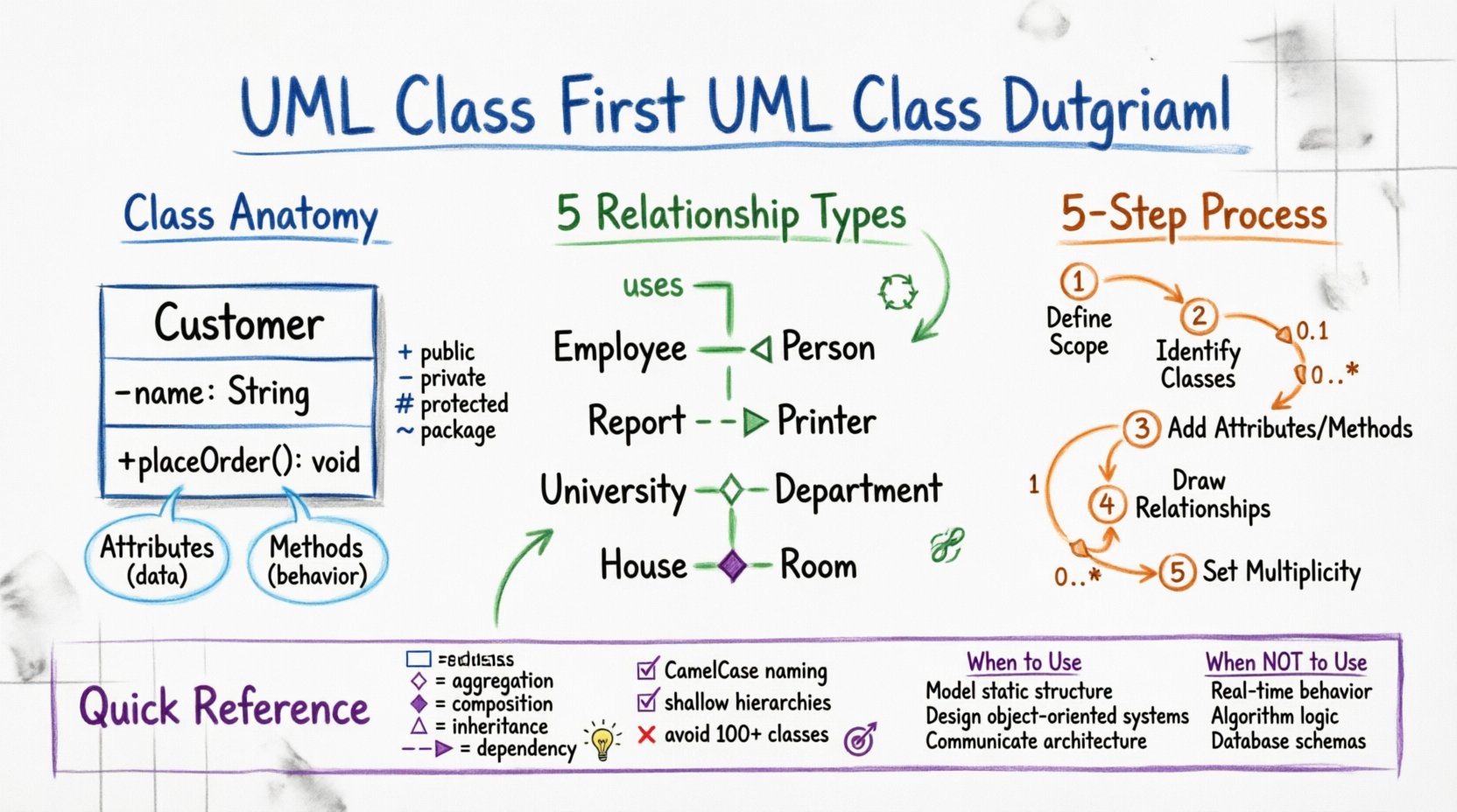 Hand-drawn whiteboard infographic teaching UML class diagram fundamentals: class anatomy with attributes/methods, five relationship types (association, inheritance, dependency, aggregation, composition), 5-step construction process, cardinality notation, and symbol cheat sheet with color-coded markers