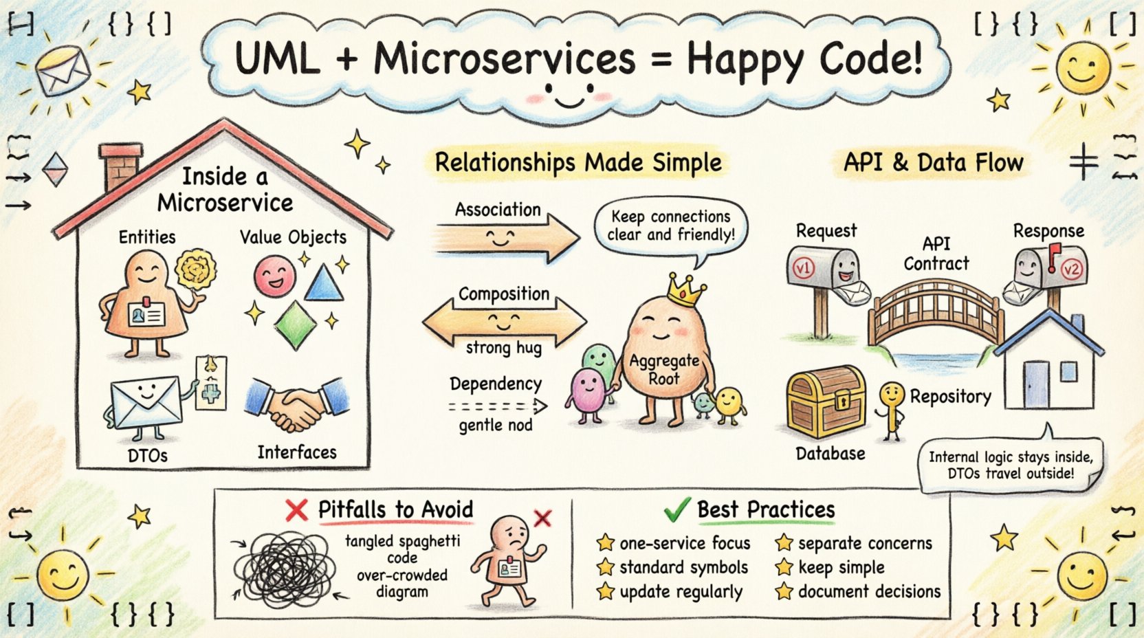 Child's drawing style infographic illustrating UML class diagrams for microservices architecture, featuring playful visuals of entities, value objects, DTOs, interfaces, relationship types, API contracts, database persistence, common pitfalls to avoid, and best practices for maintainable distributed system design