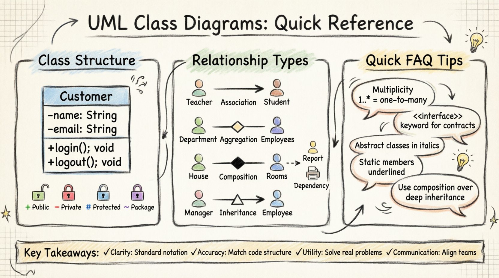 Hand-drawn infographic explaining UML Class Diagrams fundamentals: class structure with three compartments, visibility modifiers (+/-/#/~), five relationship types (association, aggregation, composition, inheritance, dependency) with visual symbols, FAQ quick tips on multiplicity and interfaces, and key takeaways for software developers and architects