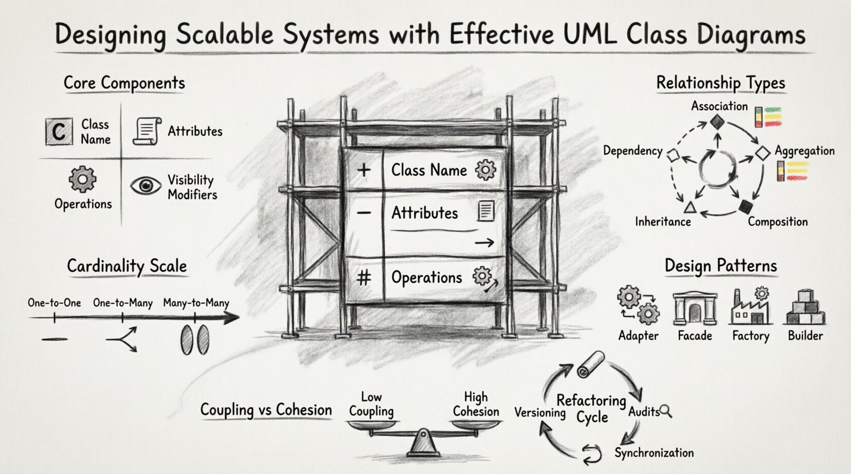 Charcoal sketch infographic illustrating how to design scalable software systems using UML class diagrams, featuring core components (class names, attributes, operations, visibility), relationship types with scalability impact (association, aggregation, composition, inheritance, dependency), cardinality patterns, key design patterns (Adapter, Facade, Factory, Builder), coupling vs cohesion balance, and refactoring best practices for maintainable architecture
