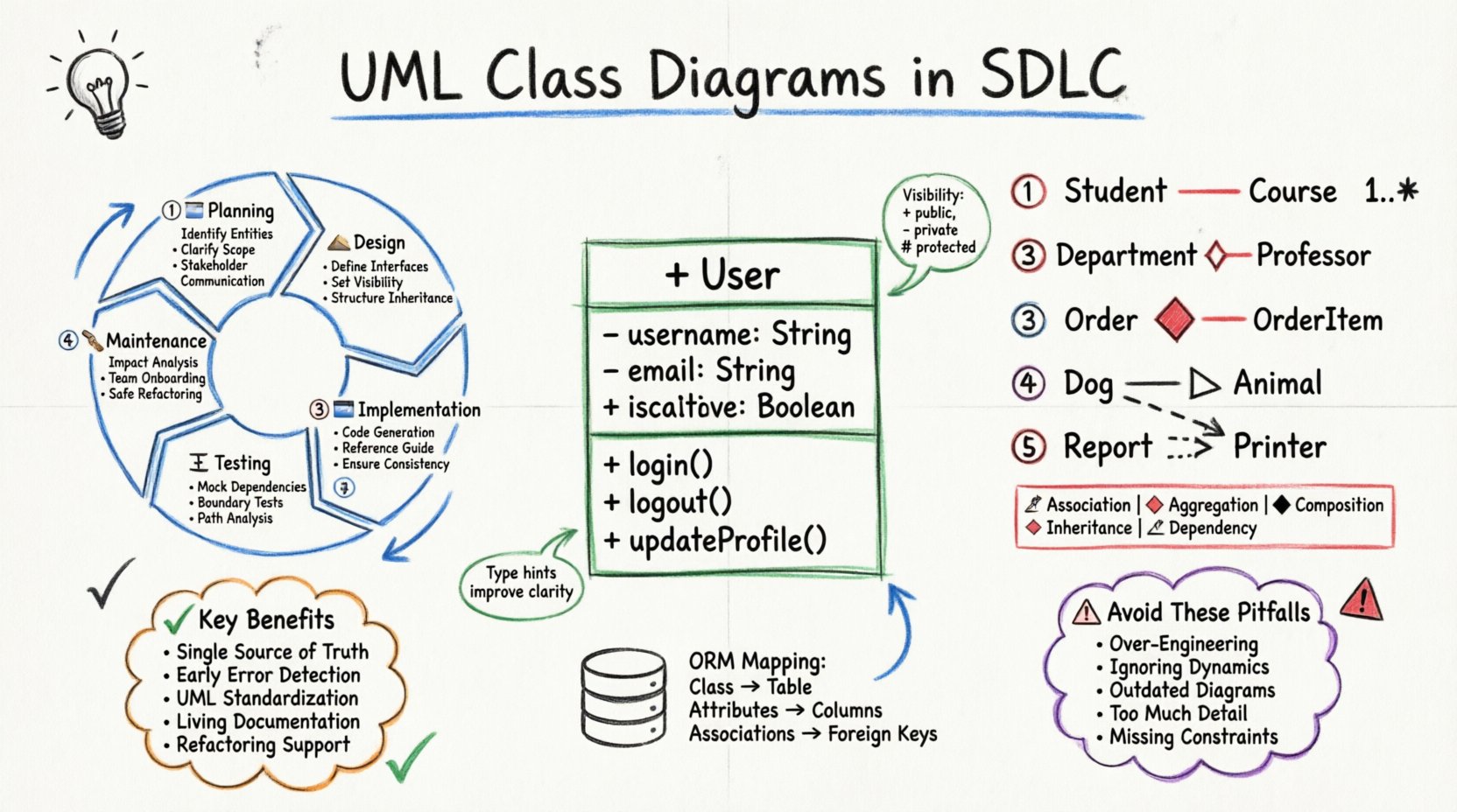 Hand-drawn whiteboard infographic illustrating the role of UML class diagrams across the Software Development Life Cycle (SDLC), showing five phases (Planning, Design, Implementation, Testing, Maintenance), core class diagram components (name, attributes, methods with visibility symbols), relationship types (association, aggregation, composition, inheritance, dependency) with colored markers, key benefits like early error detection and living documentation, common pitfalls to avoid, and ORM database mapping connections