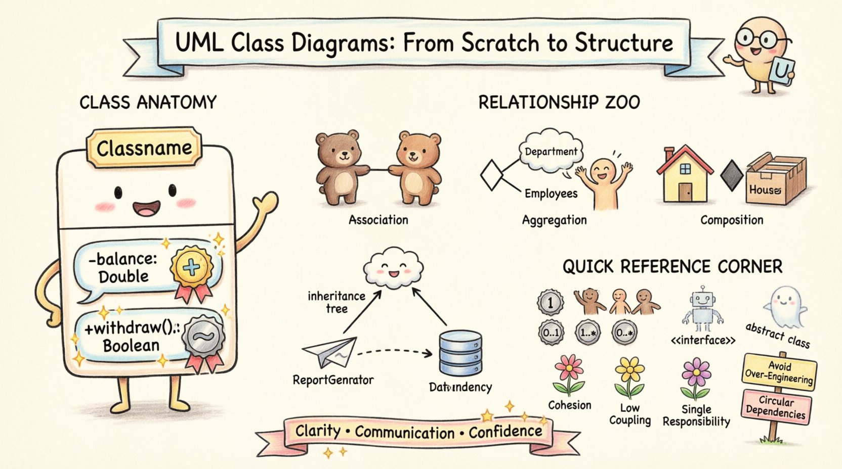Whimsical educational infographic illustrating UML class diagram fundamentals including class anatomy with three compartments, visibility modifiers (public, private, protected, package), relationship types (association, aggregation, composition, generalization, dependency), multiplicity notations, interfaces, abstract classes, and object-oriented design principles in a playful hand-drawn style