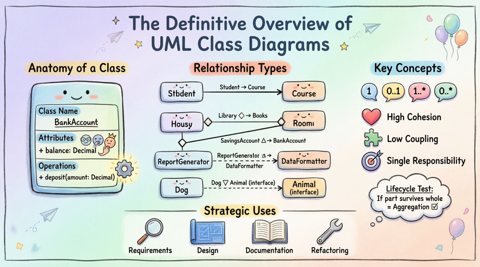 Whimsical educational infographic explaining UML class diagrams: shows anatomy of a class with three compartments (name, attributes, operations), six relationship types with notation symbols (association, aggregation, composition, generalization, dependency, realization), multiplicity notations (1, 0..1, 1..*, 0..*), and best practices for object-oriented software design, presented in playful pastel hand-drawn style for developers and students