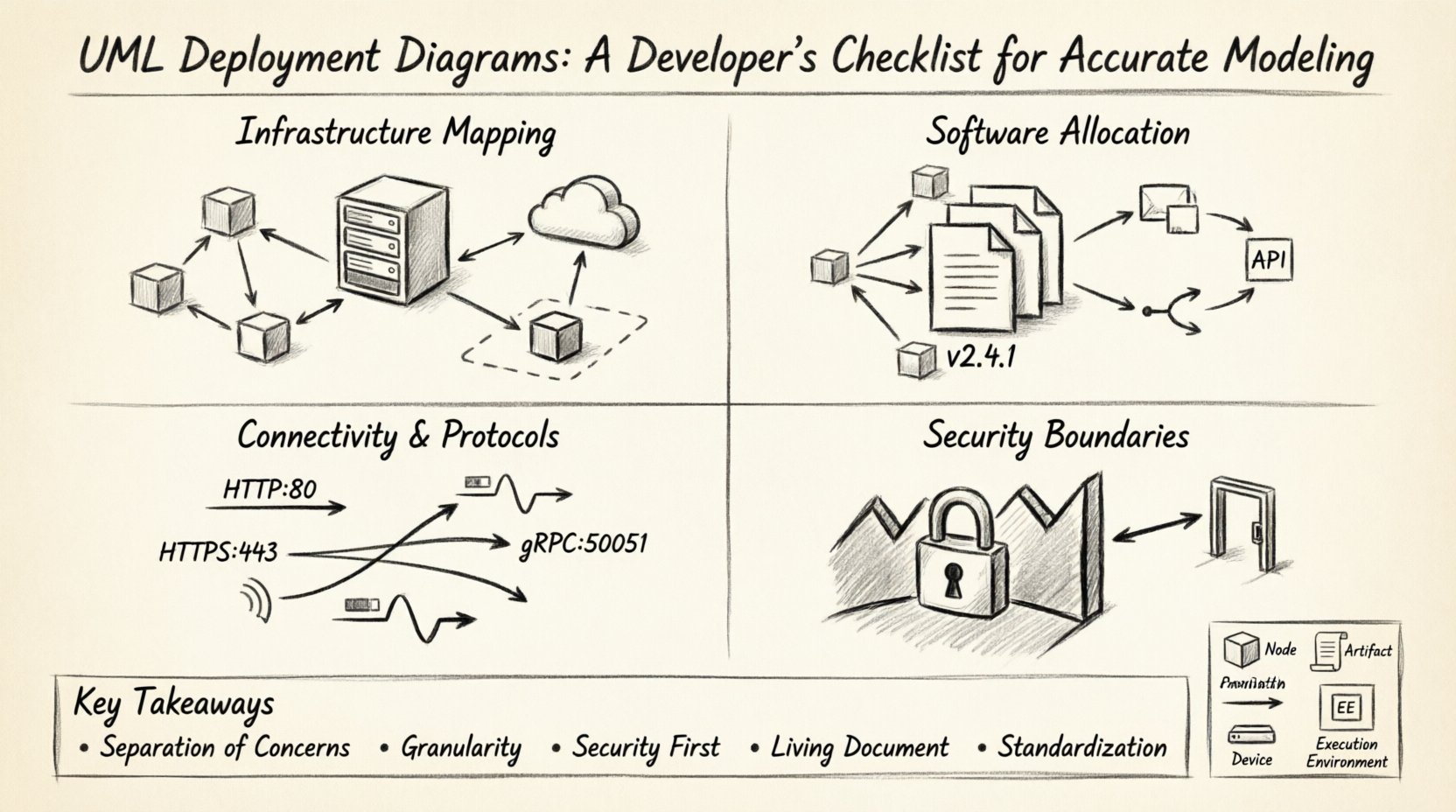 Charcoal contour sketch infographic illustrating UML Deployment Diagrams developer checklist with four core sections: Infrastructure Mapping showing nodes and network topology, Software Allocation with artifacts on execution environments, Connectivity and Protocols with labeled communication paths, and Security Boundaries with firewalls and encryption zones, plus key takeaways for accurate architectural modeling