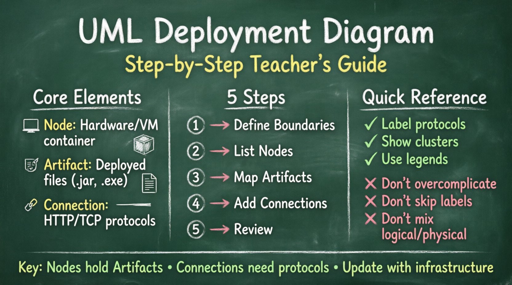 Chalkboard-style educational infographic explaining UML Deployment Diagrams for junior developers, showing core elements (nodes, artifacts, connections), a 5-step creation process, and best practices in handwritten teacher-style text on a green chalkboard background
