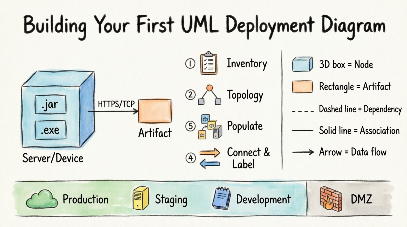 Hand-drawn marker illustration infographic explaining UML deployment diagrams: shows core elements (nodes as 3D hardware boxes, artifacts as software rectangles, associations as protocol-labeled connections), 4-step construction process (inventory, topology, populate artifacts, connect and label), visual notation legend, and color-coded environments for production, staging, and development to help software teams visualize physical system architecture