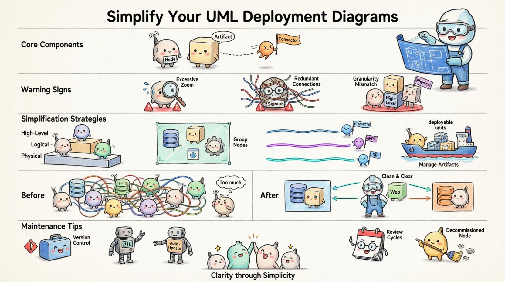 Chibi-style infographic guide to simplifying UML Deployment Diagrams: illustrates core components (nodes, artifacts, connectors), warns against over-complexity signs (excessive zoom, redundant connections), presents 4 key strategies (abstraction layers, grouping nodes, standardizing connections, managing artifacts), compares cluttered vs. clean models, and shares maintenance tips for clear, maintainable system architecture documentation