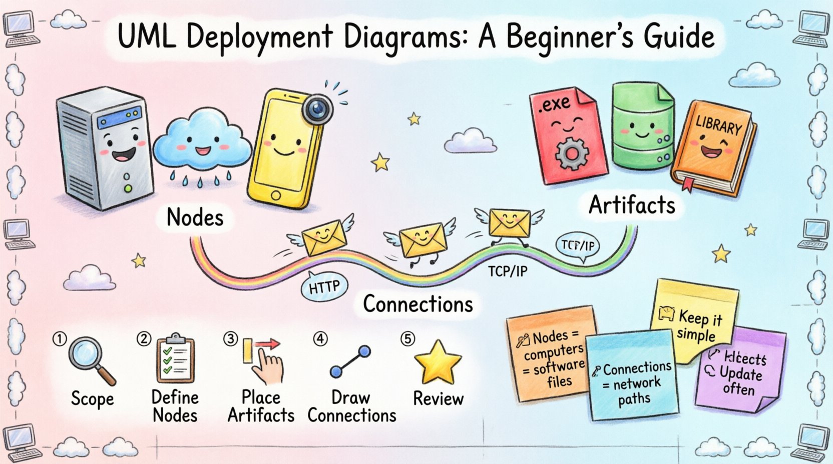 Child's drawing style infographic explaining UML Deployment Diagrams for beginners: features hand-drawn cute nodes (servers, clouds, devices), artifact icons (files, databases), colorful connection lines with protocol labels, a simple 5-step creation workflow, and key takeaways about infrastructure mapping, all in bright crayon colors with playful handwritten text on a pastel notebook-paper background
