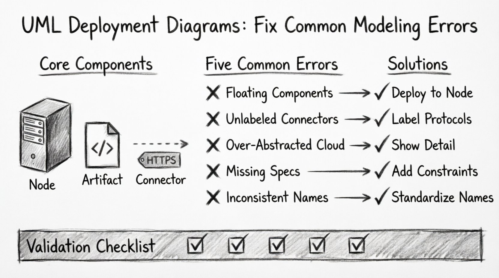 Charcoal contour sketch infographic illustrating five common UML Deployment Diagram modeling errors and their fixes: confusing nodes with components, unlabeled communication protocols, over-abstracted topology, missing hardware/software constraints, and inconsistent naming conventions. Features hand-drawn icons for nodes, artifacts, and connectors, with visual comparisons of incorrect vs. correct approaches, plus a validation checklist for accurate system architecture documentation.