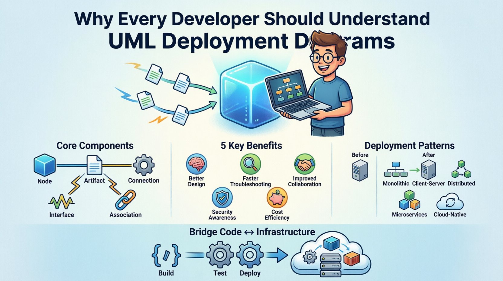 Cartoon infographic explaining UML deployment diagrams for developers, featuring nodes, artifacts, and connections with icons for benefits like troubleshooting, collaboration, and security, plus deployment patterns and CI/CD integration in a colorful 16:9 educational layout