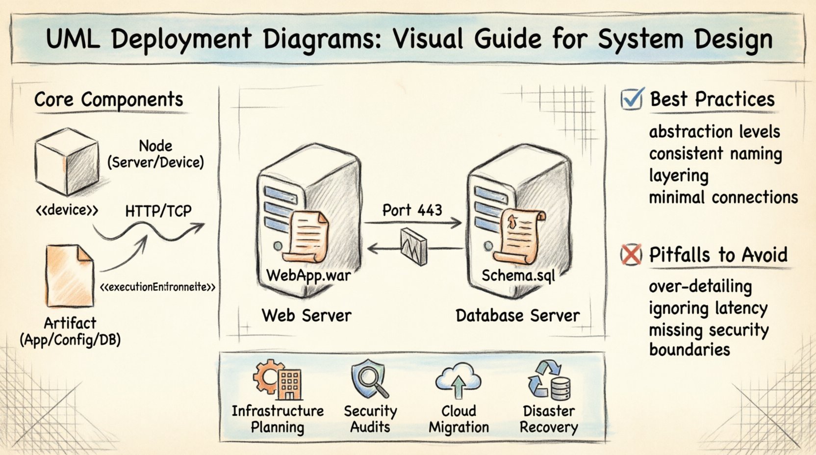 Hand-drawn infographic tutorial explaining UML Deployment Diagrams for system design, showing core components like nodes as 3D cubes, artifacts as documents, and connections with protocols, plus best practices, common pitfalls, and example cloud architecture with web servers and databases
