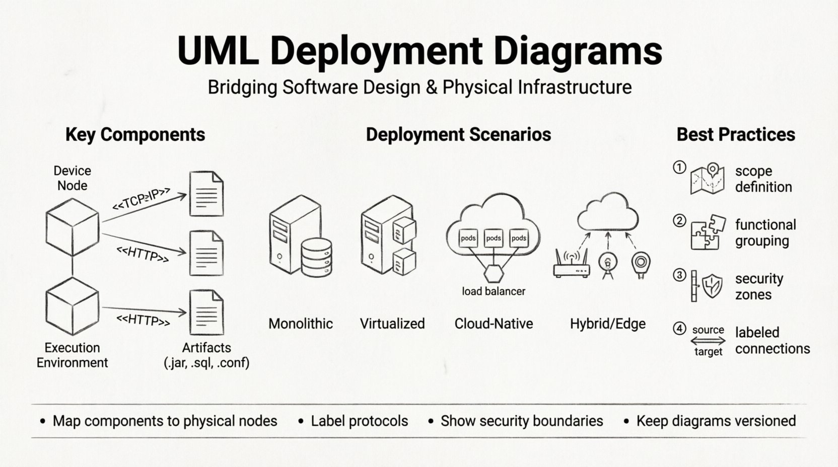 Line art infographic explaining UML deployment diagrams: shows key components including device nodes, execution environments, and artifacts; illustrates four real-world deployment scenarios (monolithic, virtualized, cloud-native microservices, and edge computing); highlights best practices like labeling protocols, defining security zones, and version control; designed in clean minimalist black-and-white line art style for technical documentation
