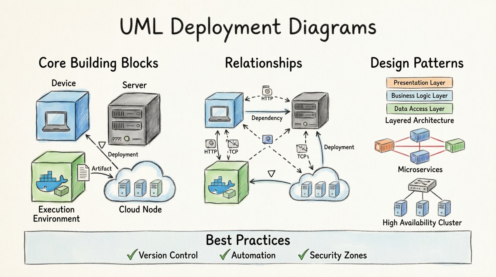 Hand-drawn marker style infographic explaining UML deployment diagrams: shows node types (devices, servers, containers, cloud), artifacts and components, communication paths with protocols, architectural patterns (layered, microservices, high-availability clusters), and best practices for visualizing software infrastructure topology