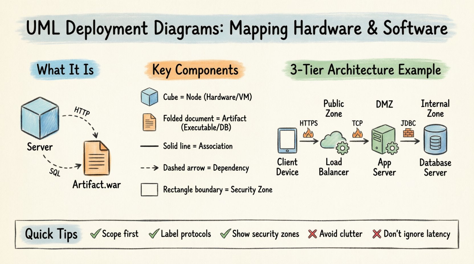Marker-style infographic explaining UML Deployment Diagrams: shows 3D cube nodes representing servers and devices, document icons for software artifacts, and connection lines labeled with protocols like HTTP and SQL. Visualizes a 3-tier architecture with Public Zone, DMZ, and Internal Zone security boundaries. Includes quick reference legend for UML notation symbols and best practice tips for creating clear deployment diagrams. Hand-drawn illustration style with soft colors, designed for developers and system architects learning infrastructure mapping.