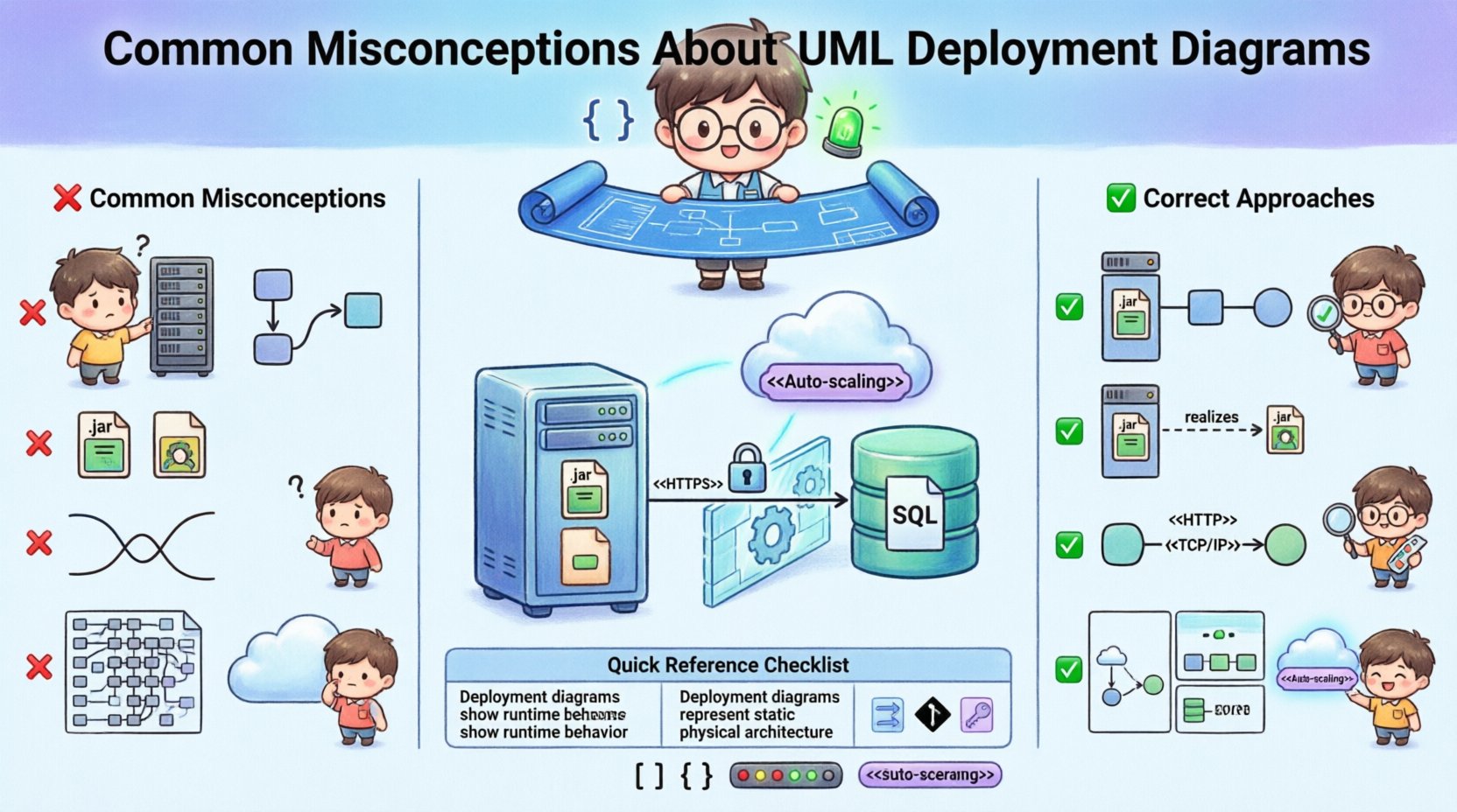 Chibi-style educational infographic about common UML Deployment Diagram misconceptions: illustrates correct modeling of hardware nodes with software artifacts, static structure vs dynamic behavior, component vs artifact distinction, labeled communication paths with protocols like HTTP/TCP-IP, multi-level abstraction views, cloud auto-scaling stereotypes, and security boundaries with firewalls and DMZs; includes quick-reference checklist and maintenance best practices for software architects, DevOps engineers, and development teams