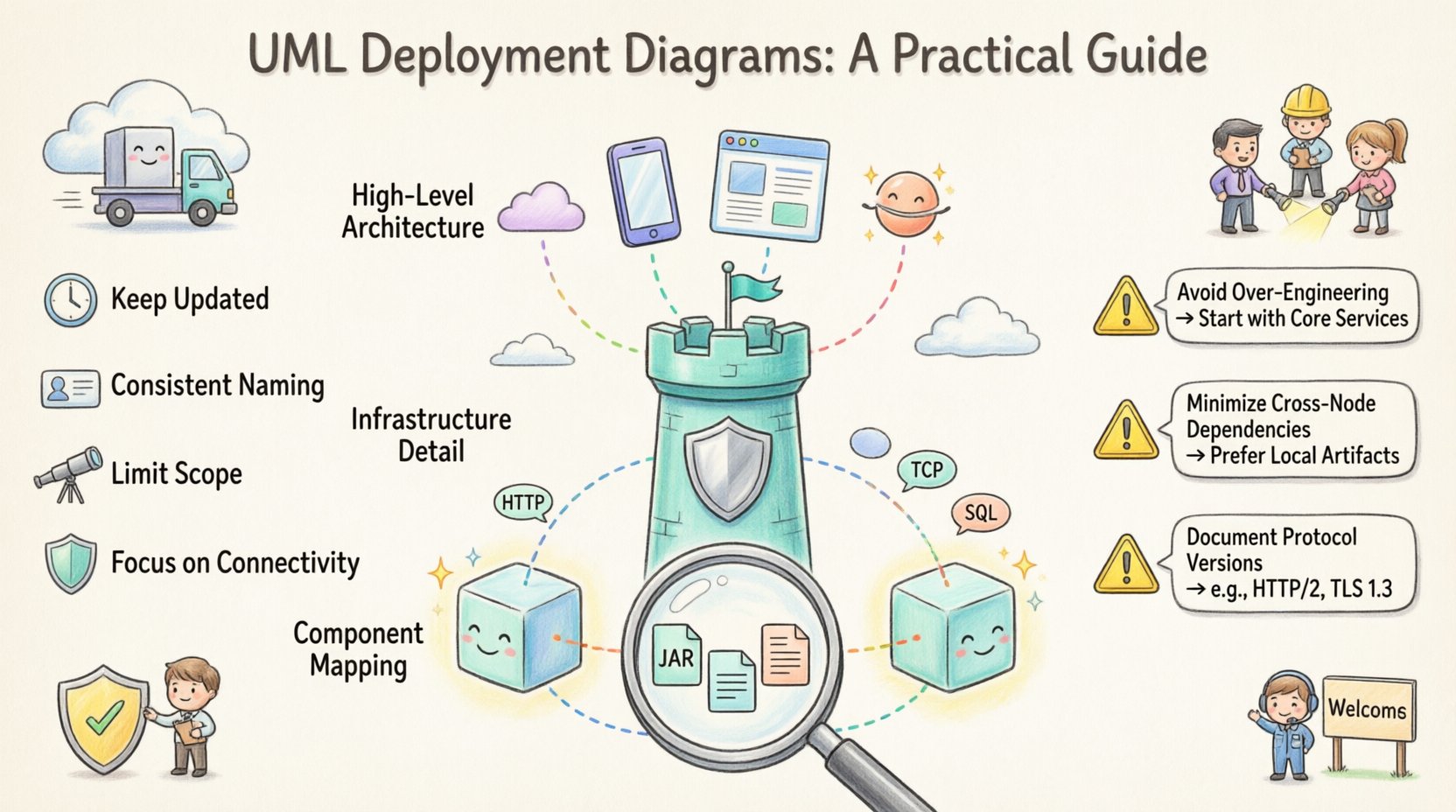 Whimsical infographic explaining UML Deployment Diagrams for mid-level engineers: colorful 3D cube nodes with smiling server faces, document artifacts with folded corners, rainbow communication paths labeled HTTP/TCP/SQL, three abstraction layers (high-level architecture, infrastructure detail, component mapping), best practice badges for updates and naming, friendly caution signs for common pitfalls, and scenario vignettes for migration, incident response, security audits, and onboarding