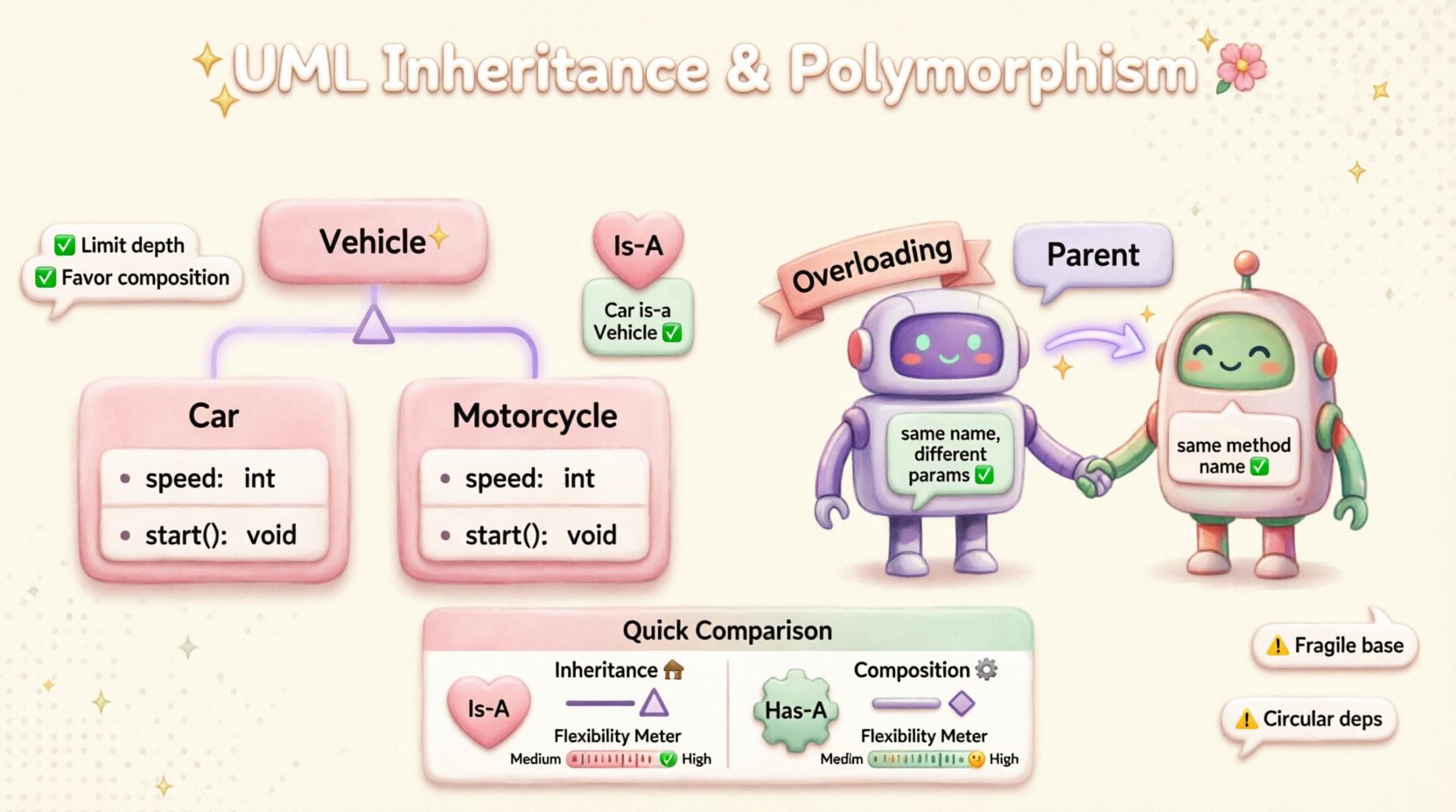 Kawaii-style infographic explaining UML inheritance and polymorphism concepts with pastel-colored class diagrams, hollow triangle generalization arrows, overloading vs overriding comparisons, and inheritance versus composition guide for object-oriented programming