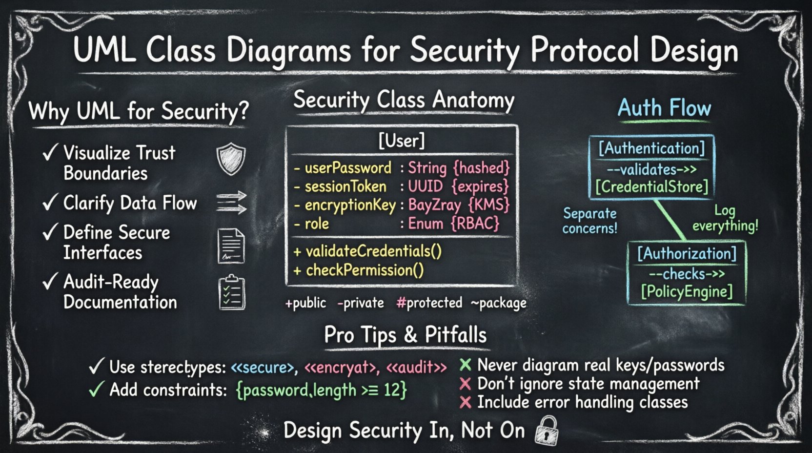 Chalkboard-style educational infographic illustrating UML class diagrams for security protocol design, featuring hand-drawn security class anatomy with attributes like hashed passwords and session tokens, authentication vs authorization flow diagrams, UML visibility modifiers legend (+/-/#/~), security stereotypes and constraints, common modeling pitfalls to avoid, and best practices checklist for secure software architecture