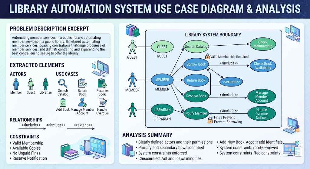 Visual Paradigm Visual Modeling: Problem Description Example - Library Automation system use case diagram Analysis