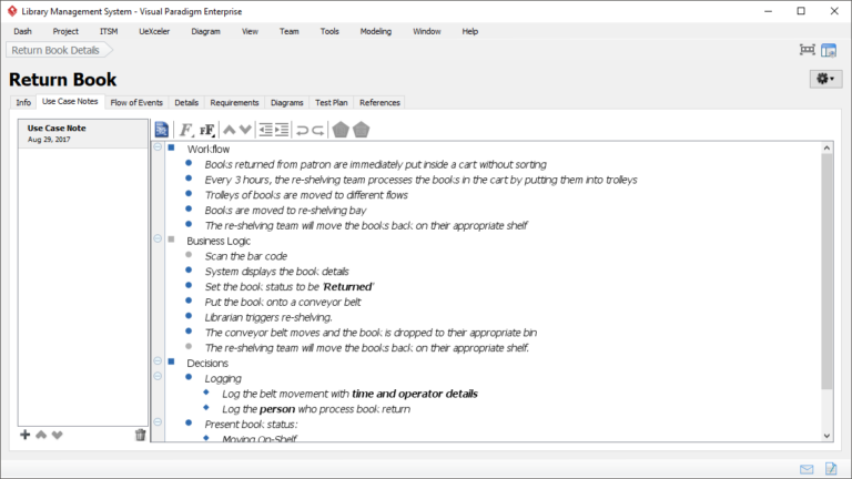 Visual Paradigm Enterprise screenshot showing Return Book use case details.